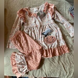 Girls Pink Polka Dot Cow Top & Ruffle Pants Set
